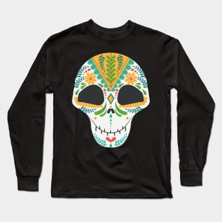 Smiling Floral Sugar Skull Yellow and Blue Long Sleeve T-Shirt